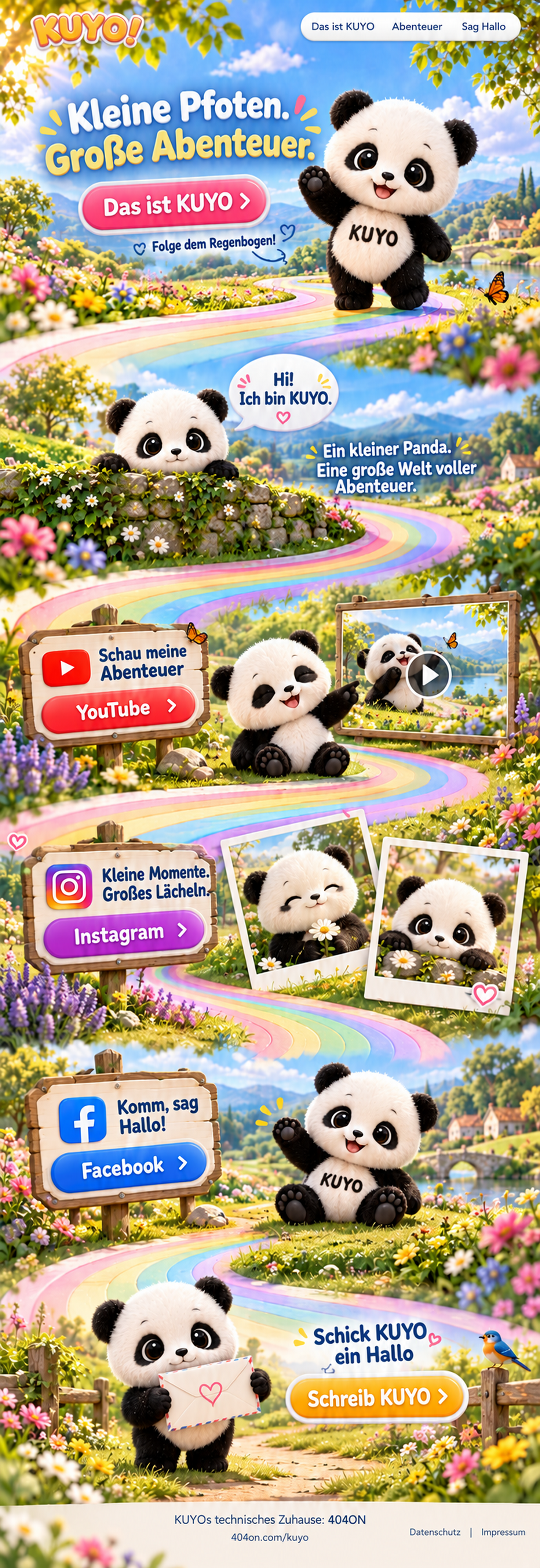 Panda KUYO folgt einer Regenbogenstraße durch einen sonnigen Garten voller Abenteuer, kleiner Momente und großem Lächeln.